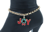 Women Gold Metal Chain Boot Bracelet Anklet Shoe Red JOY Charm Christmas Jewelry Adjustable One Size
